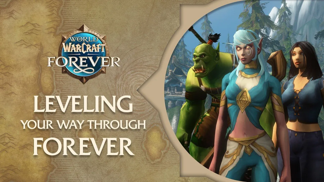 Das Logo von World of Warcraft: Forever mit den Worten Leveling your way through Forever, neben einem Orc, einem Elf und einem Human