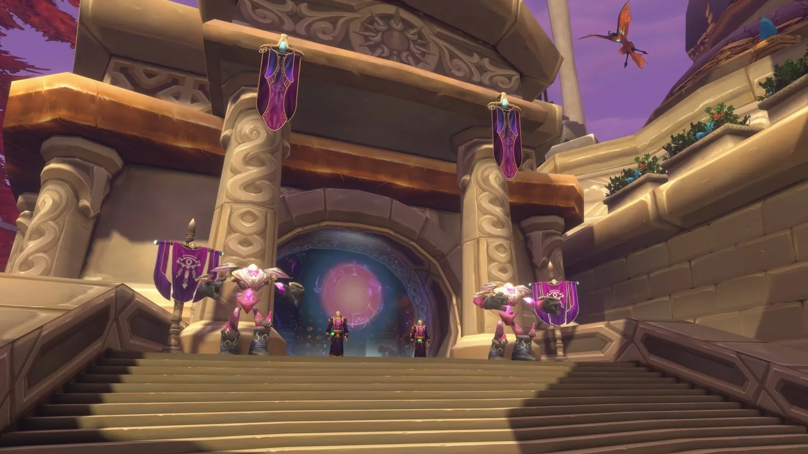 Zwei Magier in violetten Roben vor einem leuchtenden Portal, bewacht von zwei arkanen Konstrukten unter violetten Bannern mit einem Auge, ein Screenshot aus der Beta von World of Warcraft: Forever