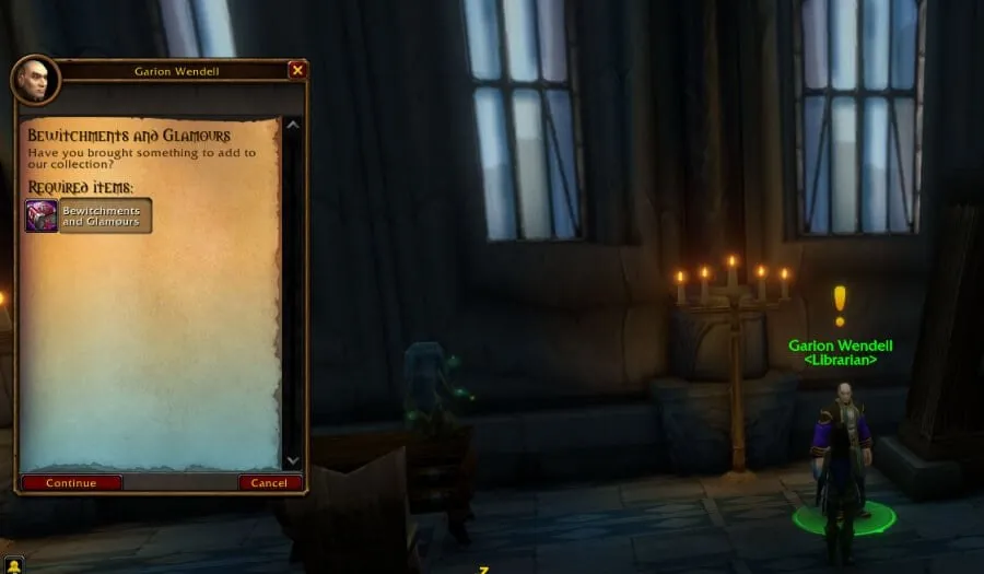The librarian Garion Wendell in Stormwind with the window to hand in a book, a screenshot from the beta of World of Warcraft: Forever