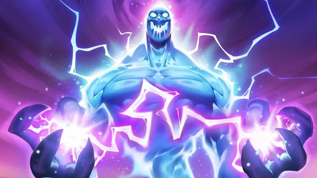 Een blauw en paars Arcane elemental met gloeiende ogen en knetterende bliksem rond zijn handen