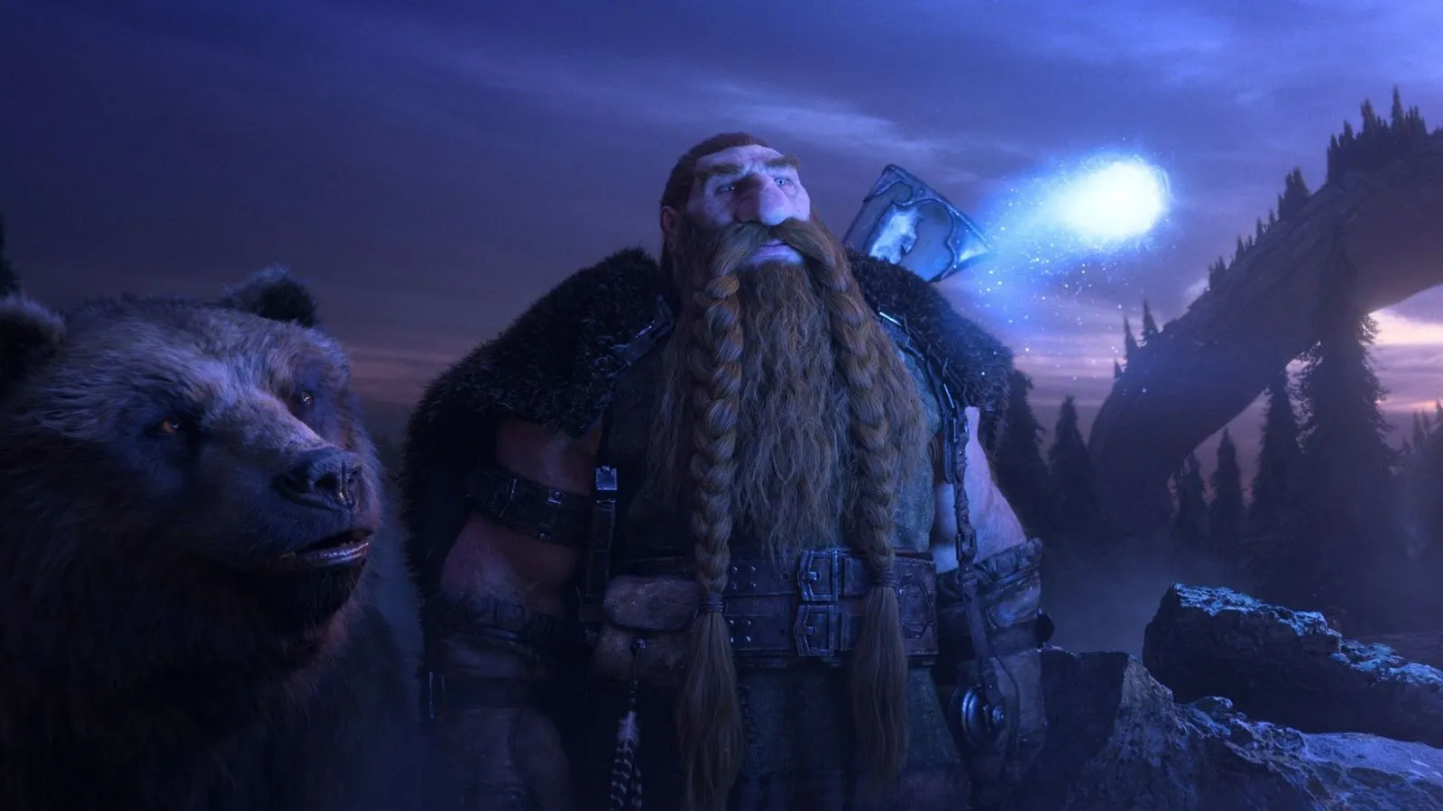 Ein Dwarf mit langem geflochtenem Bart neben einem Bären unter einem Nachthimmel mit einer Sternschnuppe, aus der Cinematic von World of Warcraft: Forever