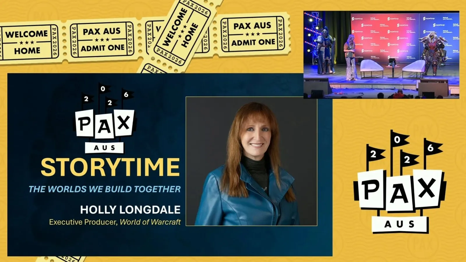 La carte de titre de la keynote Storytime à la PAX Australia 2026 avec un portrait de Holly Longdale, productrice exécutive de World of Warcraft, et une petite vue de la scène