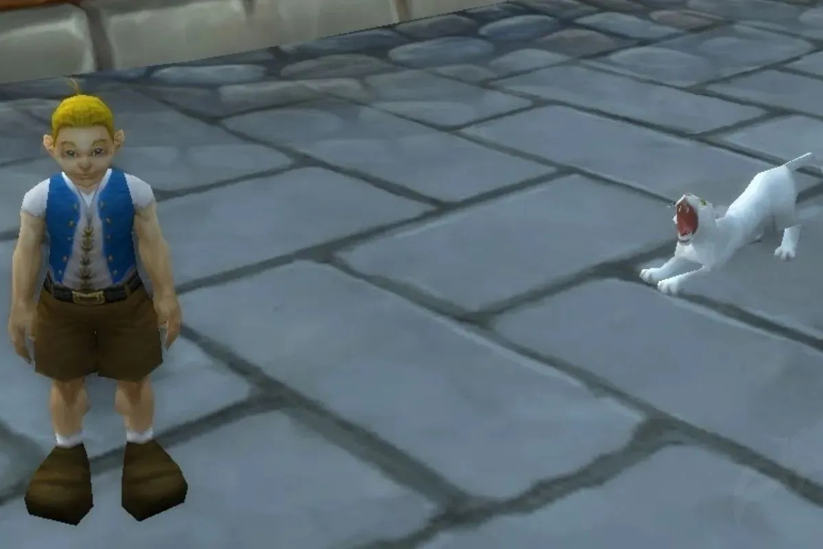 Lil Timmy, a boy with blond hair and a blue vest, on the stones of Stormwind with a White Kitten next to him, a screenshot from the beta of World of Warcraft: Forever
