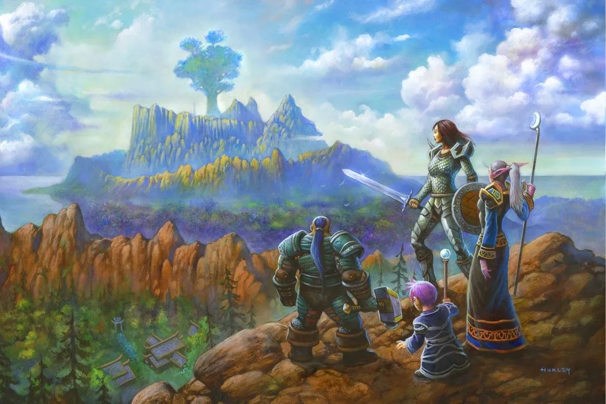 A painting of a Dwarf, a Human warrior, a Night Elf priestess and a Gnome on a red rock above a green valley, with a giant tree on a mountain in the distance, the cover of the soundtrack of World of Warcraft: Forever