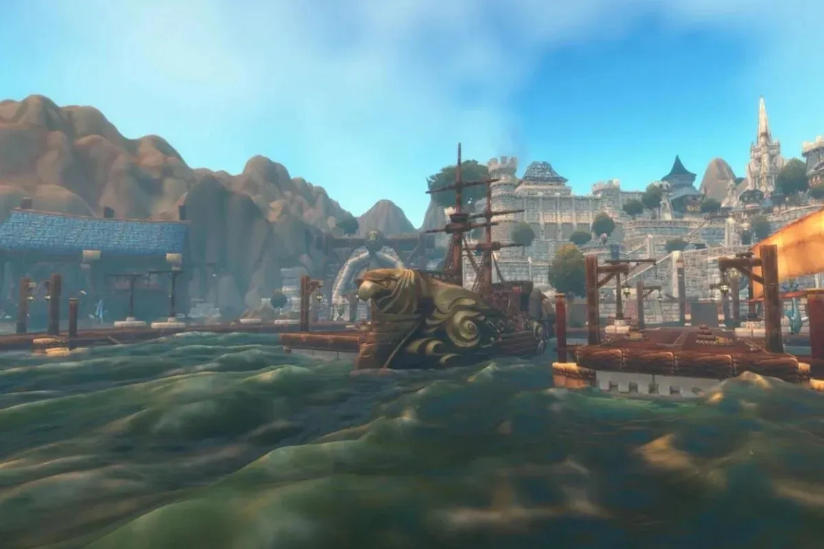 The harbor of Stormwind with a ship at the docks and the city behind it, a screenshot from the beta of World of Warcraft: Forever