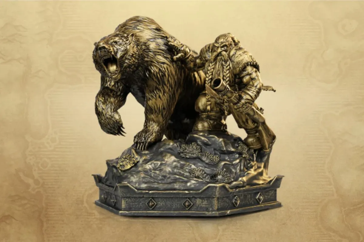 The statue of the Dwarf hunter and his roaring bear from the Collector's Edition of World of Warcraft: Forever, in bronze on a stone base, against a background of old maps