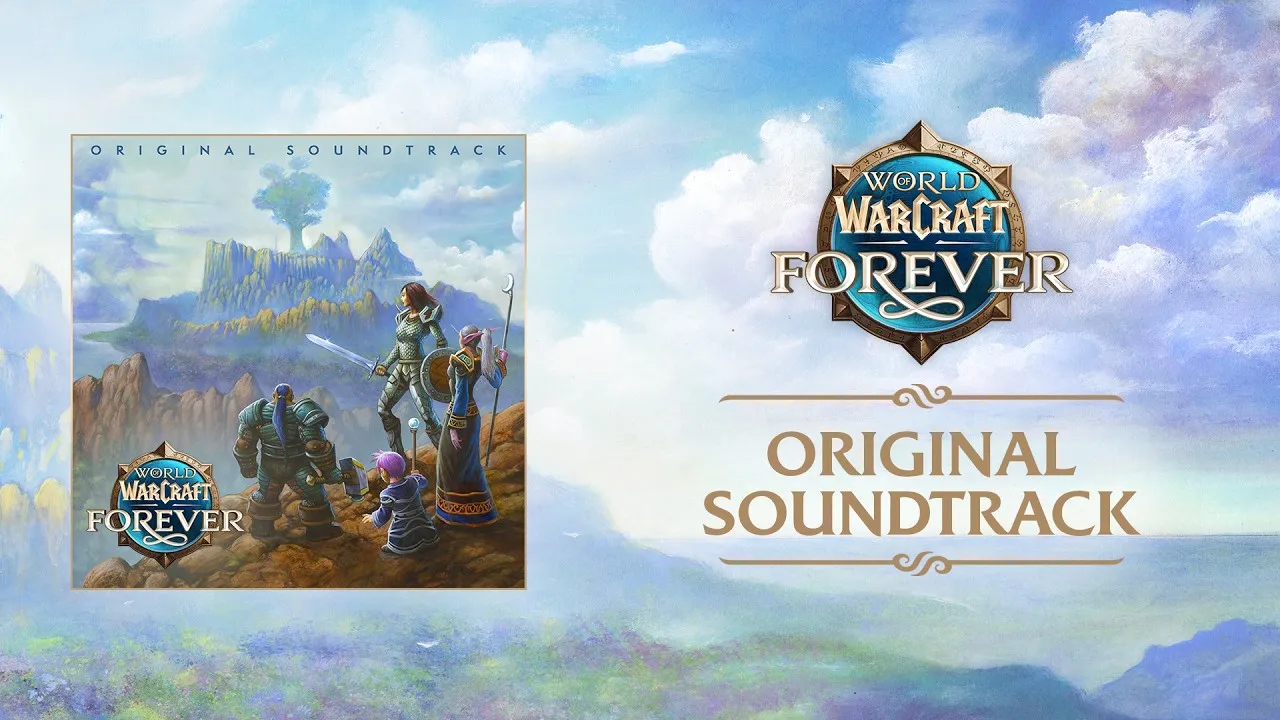 Das Cover des Original Soundtrack von World of Warcraft: Forever, ein Dwarf, eine Human-Kriegerin, eine Night Elf und ein Gnome auf einem roten Felsen, neben dem Logo von Forever über einem Wolkenhimmel