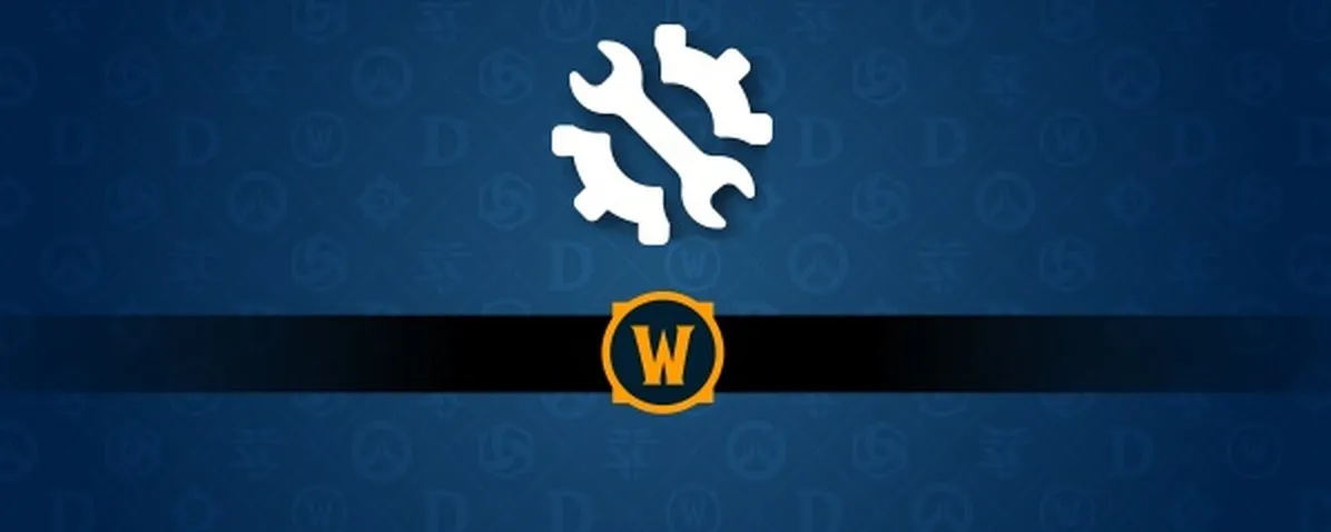 Das Wartungsbanner von World of Warcraft: ein weißes Zahnrad mit Schraubenschlüssel über dem W-Logo auf blauem Grund