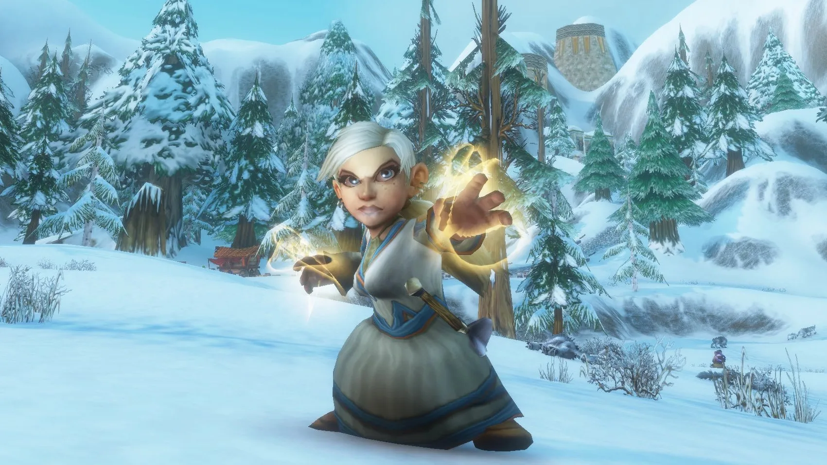 Una Gnome Priest che lancia un incantesimo sacro in una foresta innevata, uno screenshot della beta di World of Warcraft: Forever