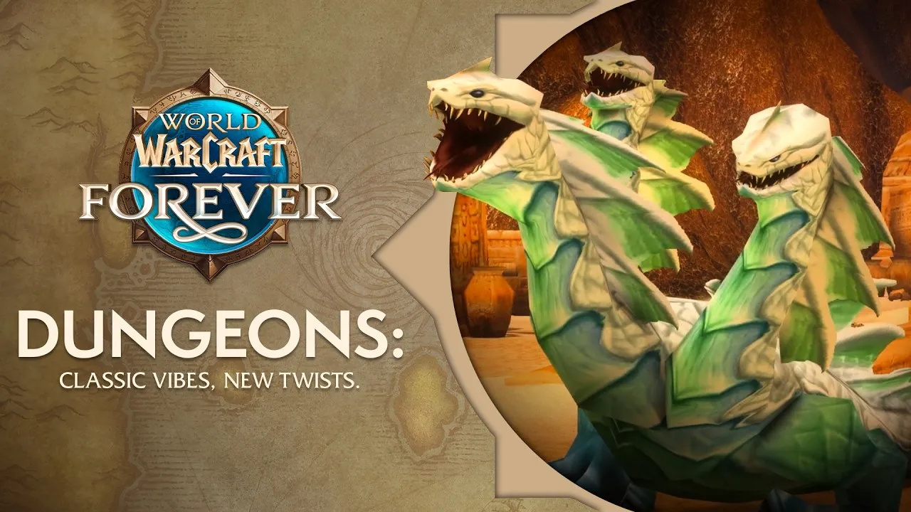 Het logo van World of Warcraft: Forever met de woorden Dungeons: classic vibes, new twists, naast een groene driekoppige hydra