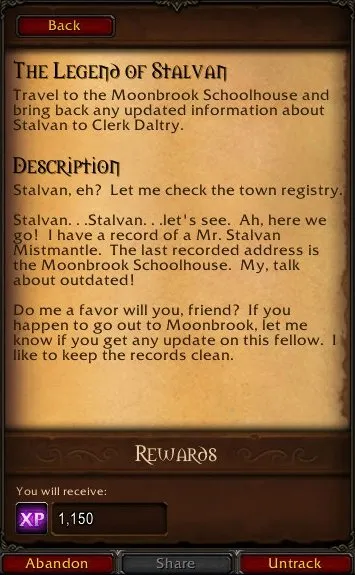 The quest The Legend of Stalvan with a reward of 1,150 experience, a screenshot from the beta of World of Warcraft: Forever
