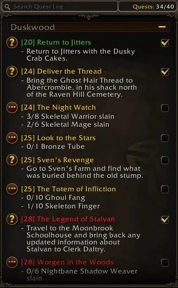 The quest log for Duskwood with quests in green, yellow and red, a screenshot from the beta of World of Warcraft: Forever