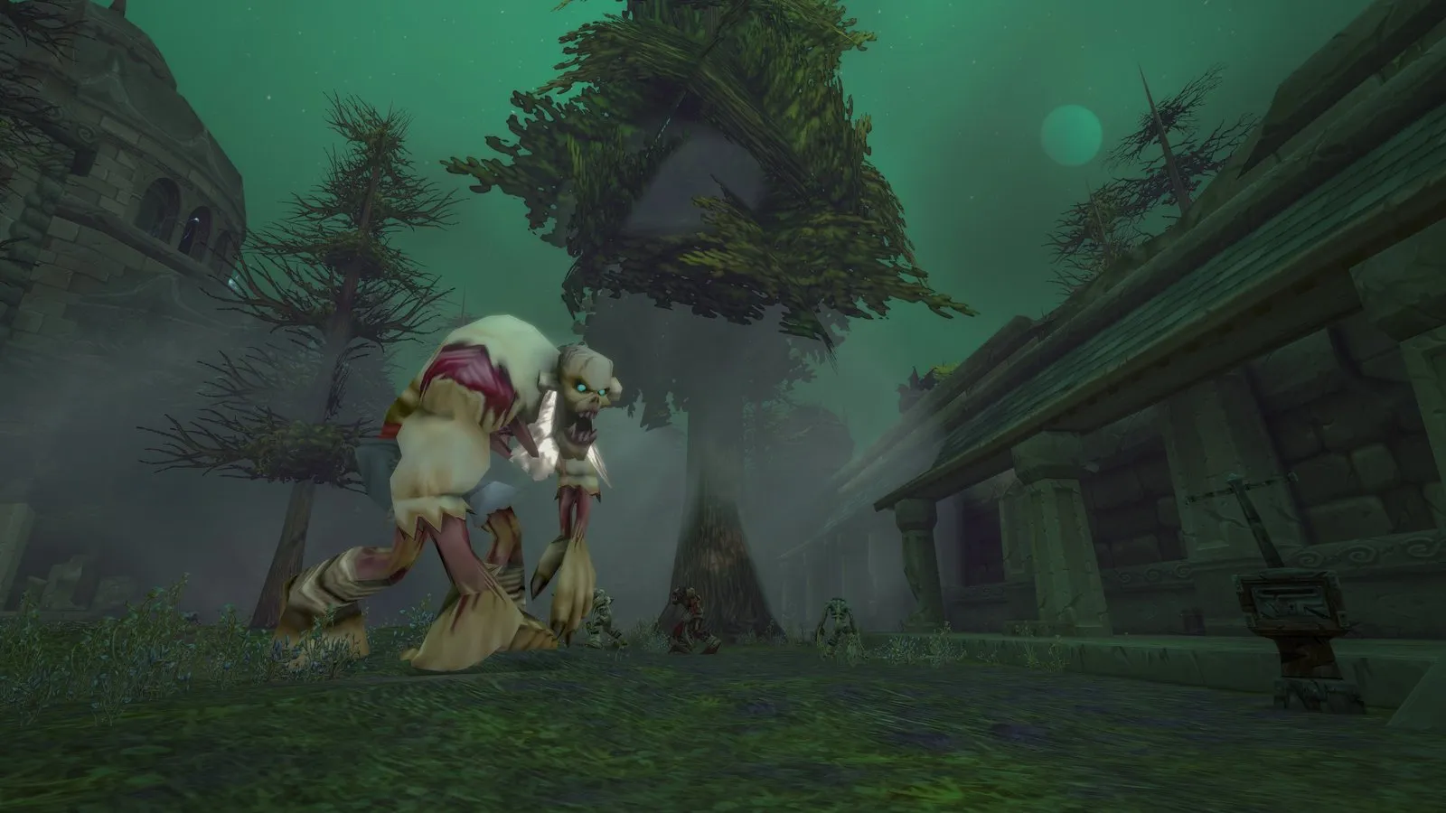 A large ghoul and smaller undead under a green sky in the Ruins of Lordaeron, a screenshot from the beta of World of Warcraft: Forever