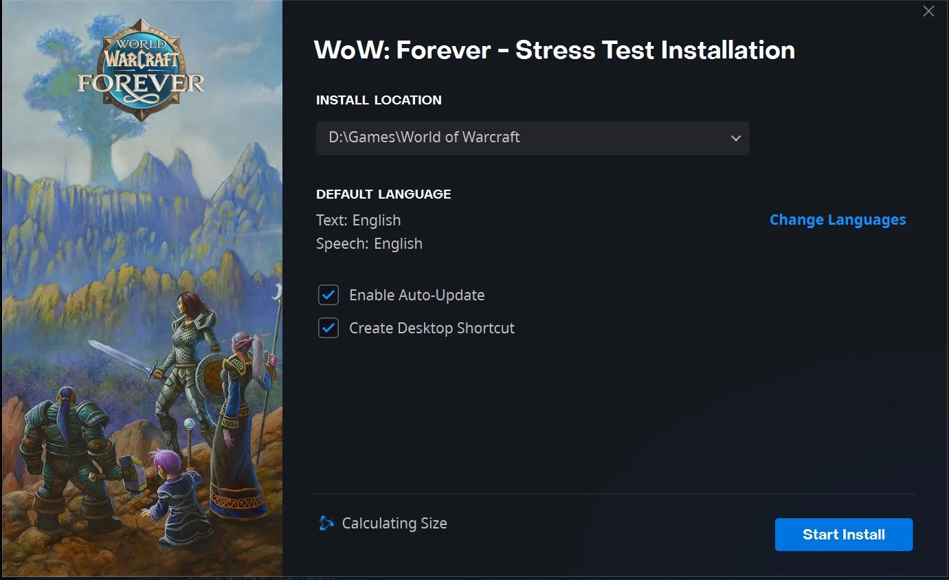 The installation window for WoW: Forever - Stress Test in the Battle.net launcher, with the artwork of Forever on the left and a Start Install button