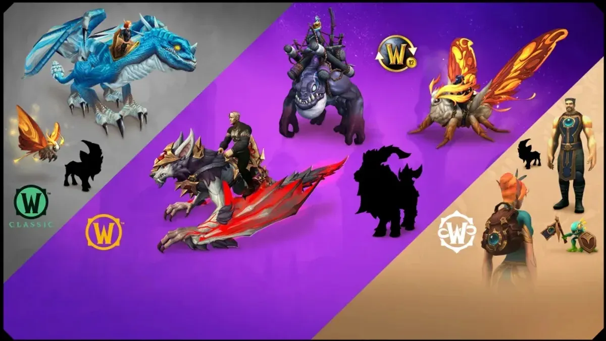 Werbebild der Belohnung für ein 12-Monats-Abo von World of Warcraft, mit Reittieren und Pets für Retail und MoP Classic sowie Wappenrock, Rucksack und Murloc für WoW Forever