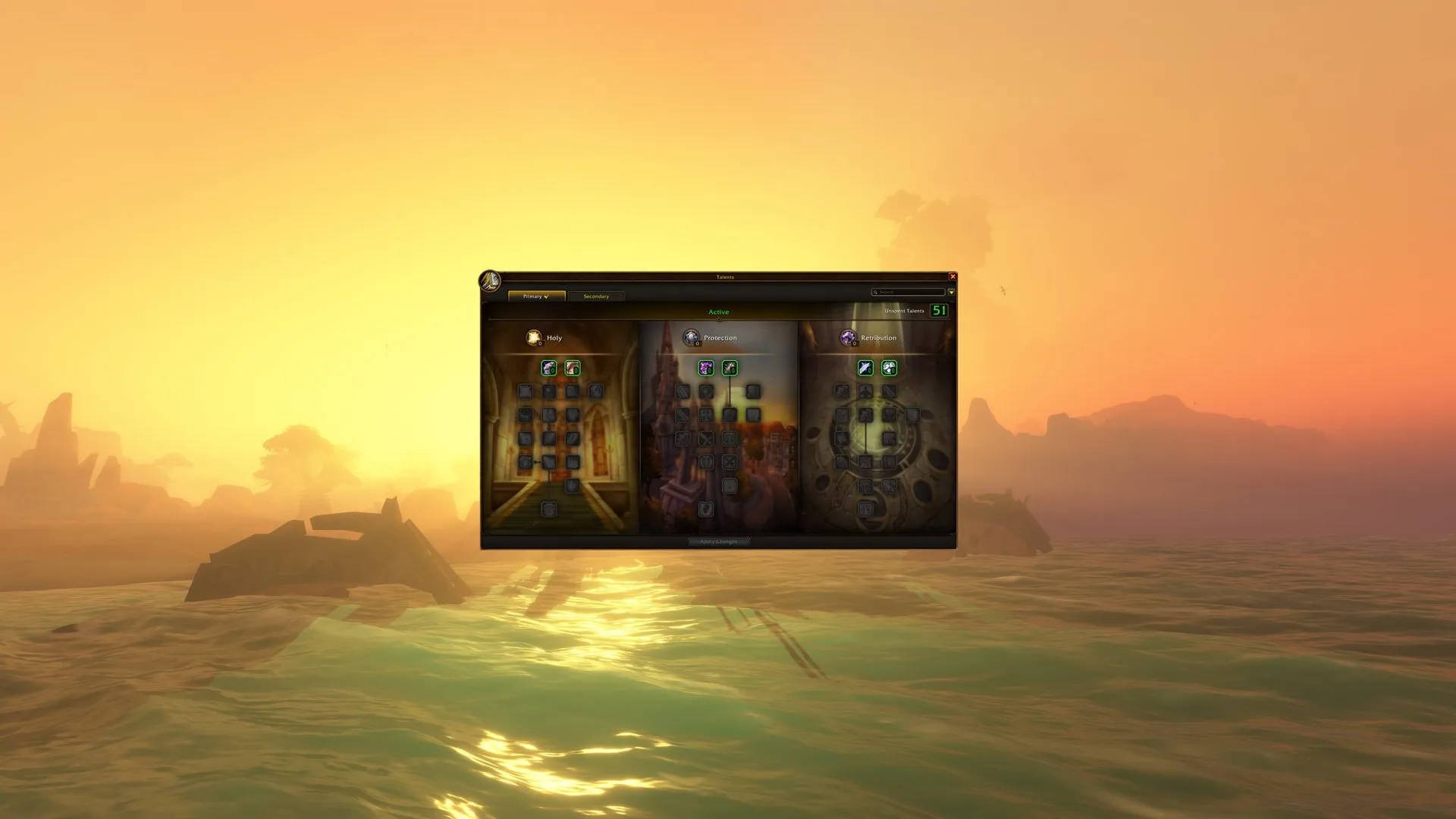 The talent window of a Paladin with the Holy, Protection and Retribution trees, in front of a sea at sunset, an official image of World of Warcraft: Forever