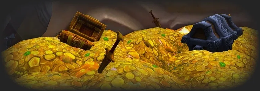 Dos cofres del tesoro, uno de madera y otro de hierro oscuro, medio enterrados en un mar de monedas de oro del que asoman algunas espadas, una captura de pantalla de World of Warcraft