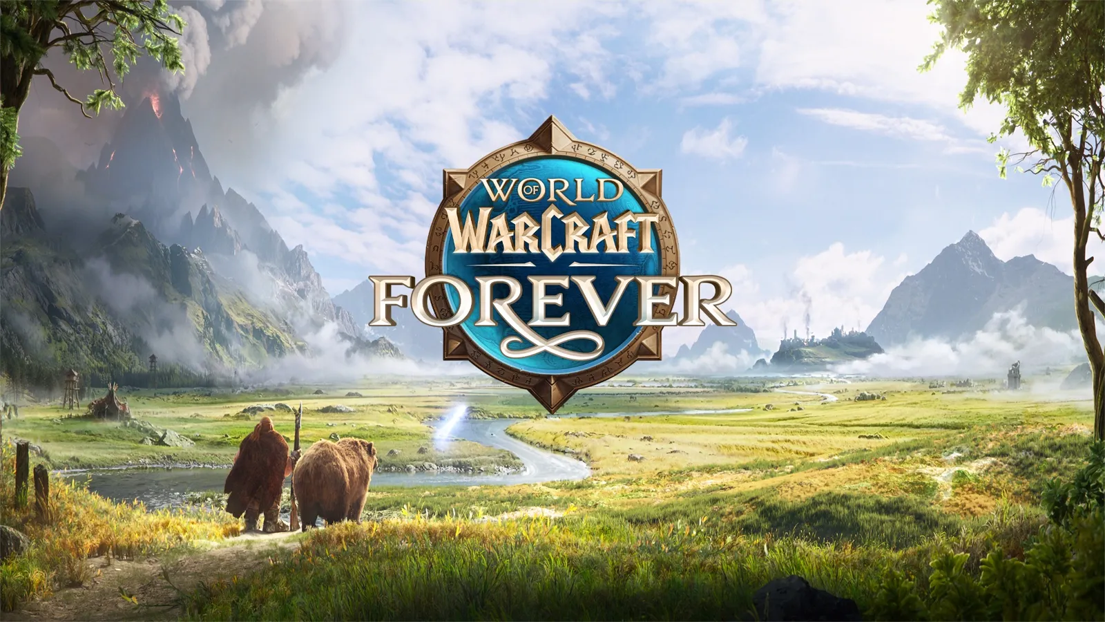 Das Logo von World of Warcraft: Forever über einem weiten grünen Tal mit einem Fluss, ein Jäger und ein Bär gehen auf eine ferne Stadt zu, das offizielle Bild des Stresstests
