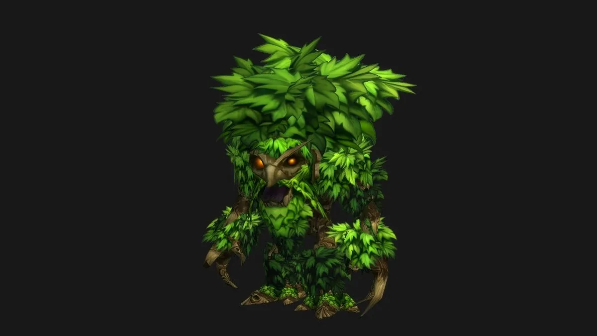 Il Blossoming Ancient, una piccola creatura albero fatta di foglie verde acceso con occhi arancioni, un render di Blizzard