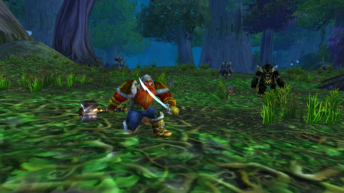 A red-bearded Dwarf Warrior with a sword and a mace in a forest, with two furbolgs in the background