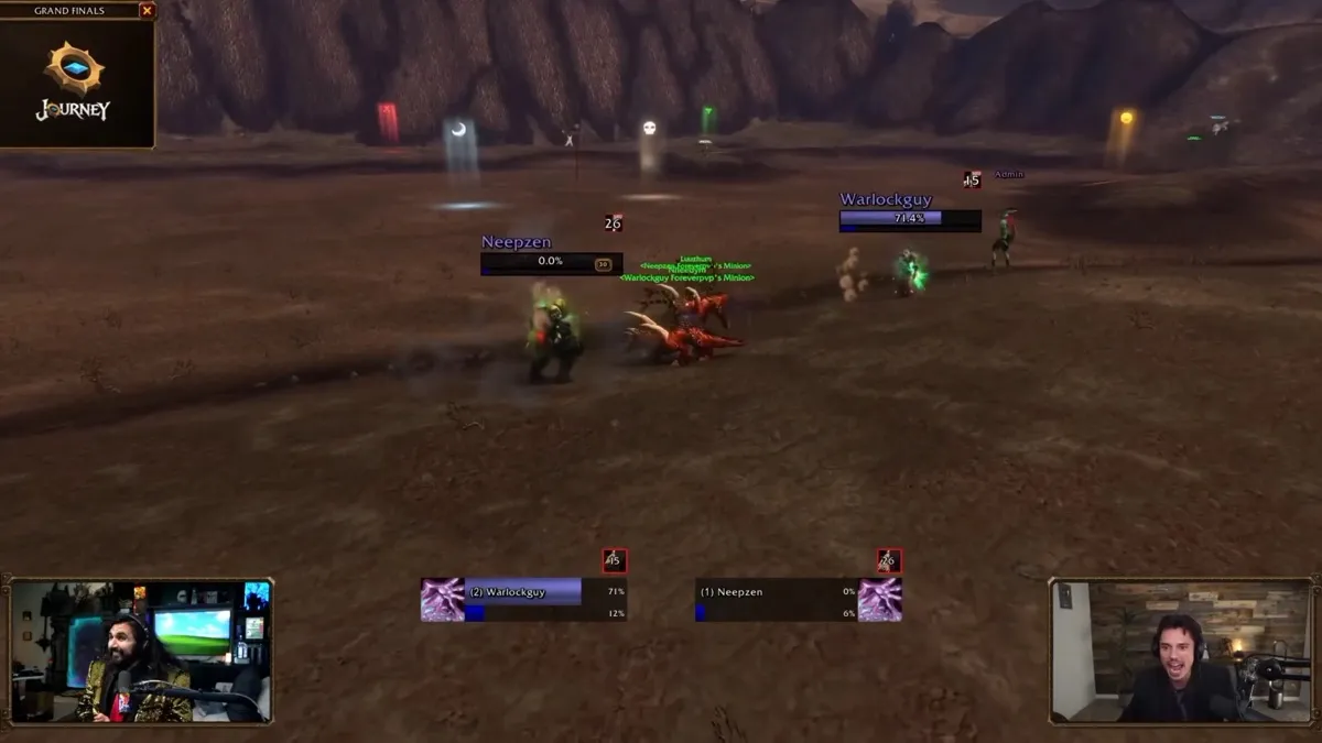 Two Warlocks with their demons duel on a brown plain, with Warlockguy at 71 percent health and Neepzen at 0, a screenshot from the stream of the Forever Open