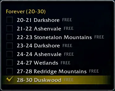 Het routemenu van Journey voor level 20 tot 30, van Darkshore tot Duskwood, allemaal gratis