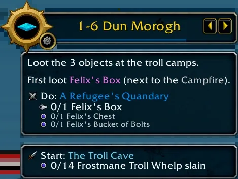 Het paneel van Journey op de route 1-6 Dun Morogh, met de stap om Felix’s Box te looten bij de trollenkampen