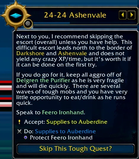 Een stap van Journey in Ashenvale die aanbiedt een moeilijke escortquest over te slaan