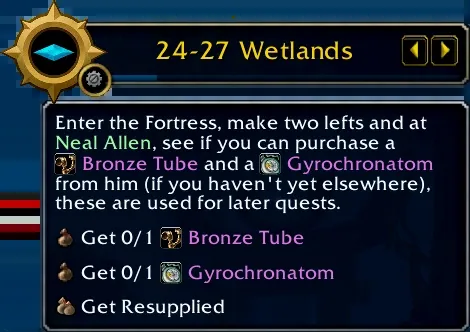 Een stap van Journey in de Wetlands die zegt welke items je bij Neal Allen koopt voor latere quests