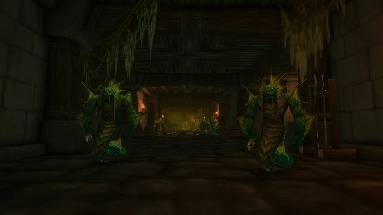 Two naga in a dim stone corridor of the prison, with weapon racks against the wall, an image from Blizzard of World of Warcraft: Forever