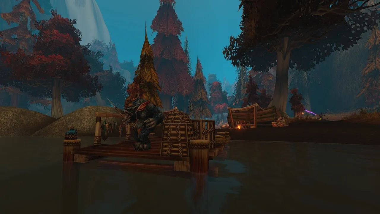 A furbolg on a wooden dock by the water, between red autumn trees and tents, an image from Blizzard of World of Warcraft: Forever