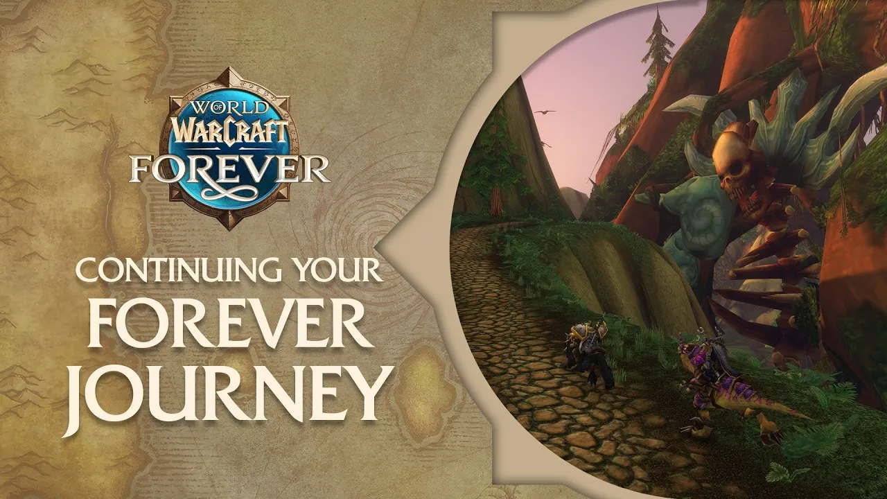 Het logo van World of Warcraft: Forever met de woorden Continuing your Forever journey, naast een speler op een geplaveid pad onder een reusachtig skelet