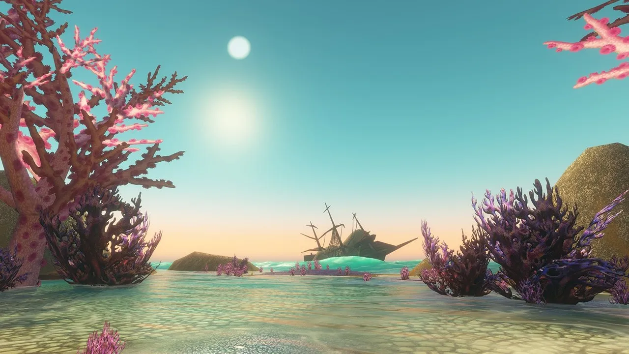 A tropical coast with pink and purple coral and a wrecked ship in the distance, an image from Blizzard of World of Warcraft: Forever