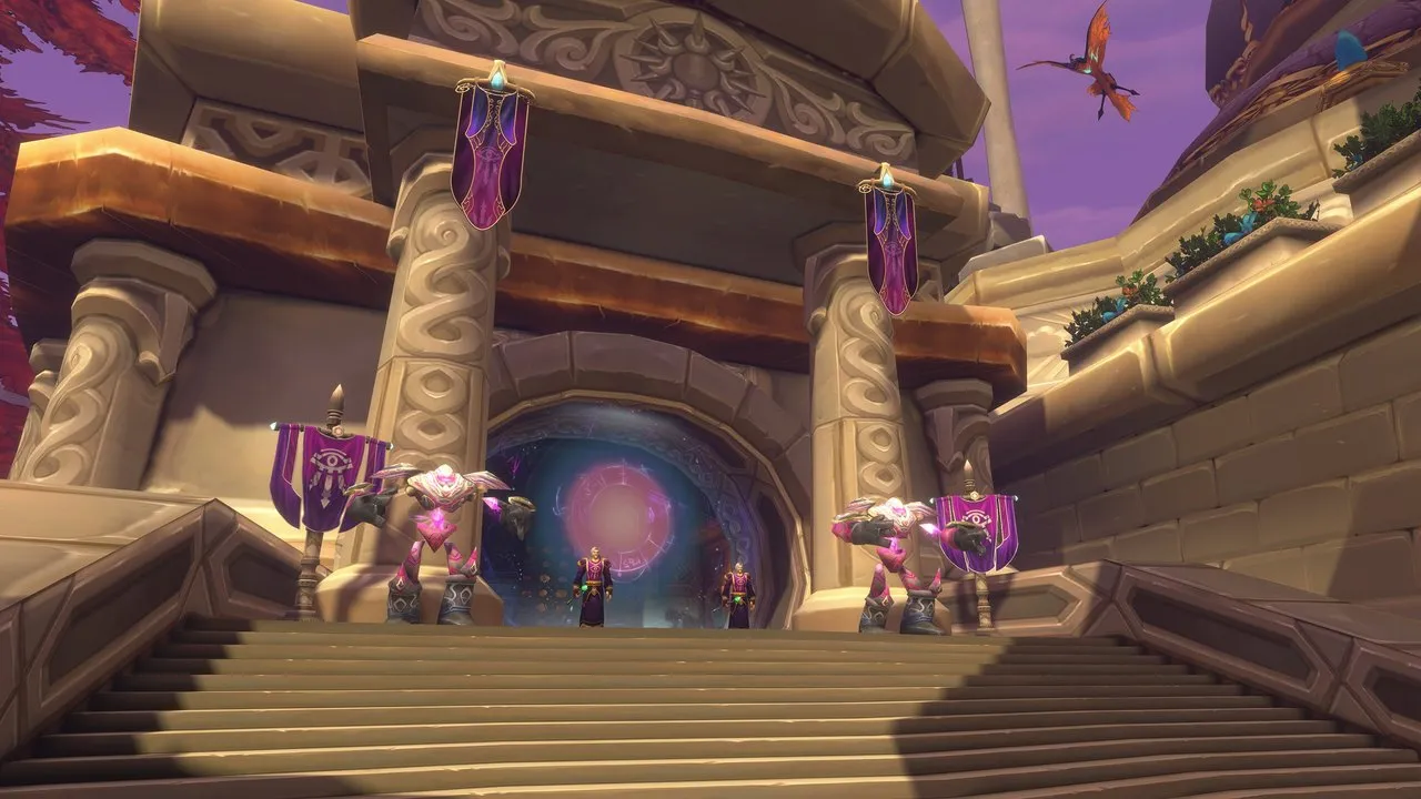 The gate of Dalaran with two arcane golems and robed mages on wide stone steps, an image from Blizzard of World of Warcraft: Forever