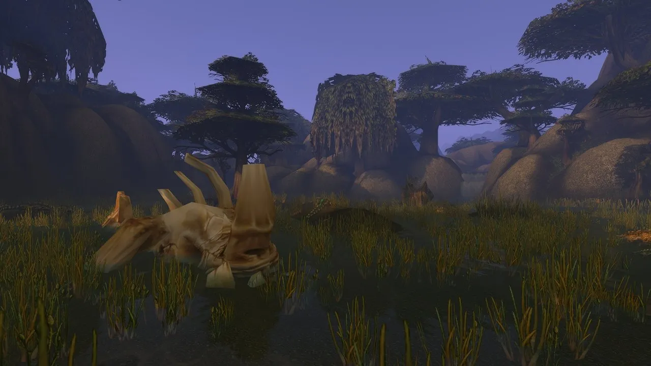A pale, bony beast in the tall grass of the Wetlands, with mushroom-shaped trees behind it, an image from Blizzard of World of Warcraft: Forever