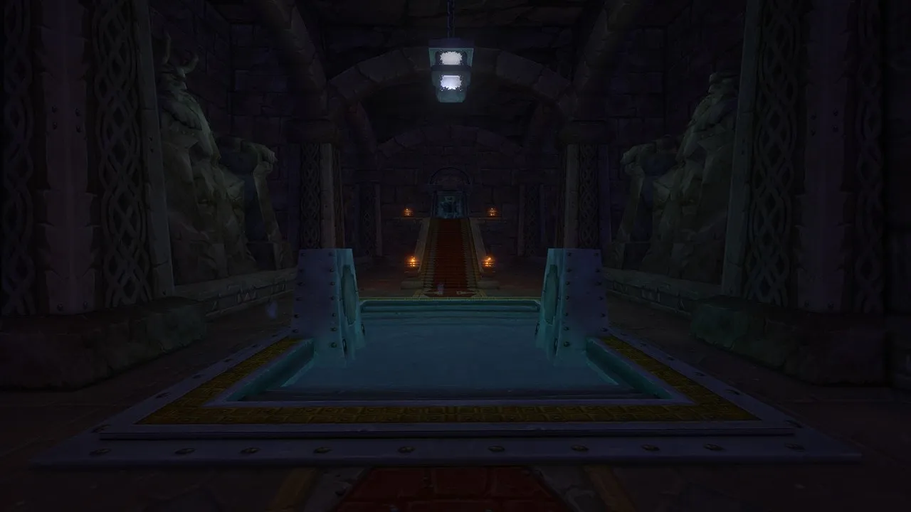 A dark dwarven hall with stone statues on both sides, a pool of water in the middle and a throne at the end, an image from Blizzard of World of Warcraft: Forever