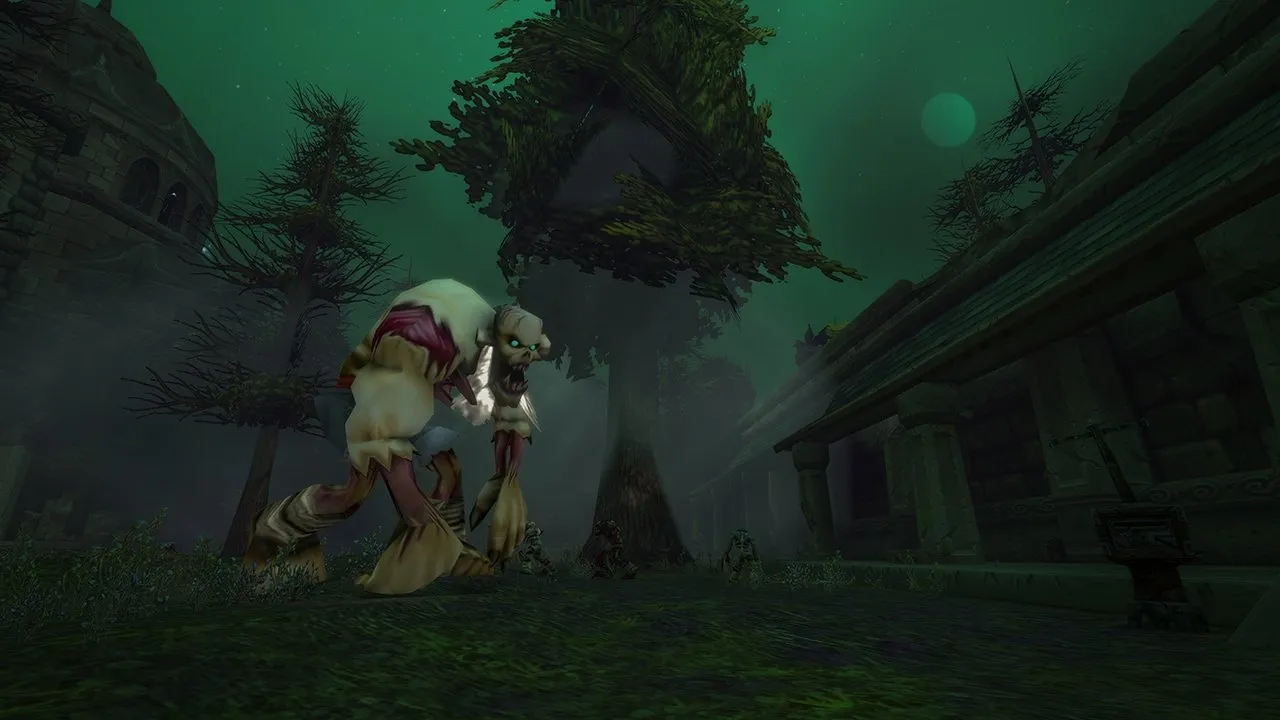 A stitched abomination in a green-lit, misty courtyard of the ruined city, an image from Blizzard of World of Warcraft: Forever