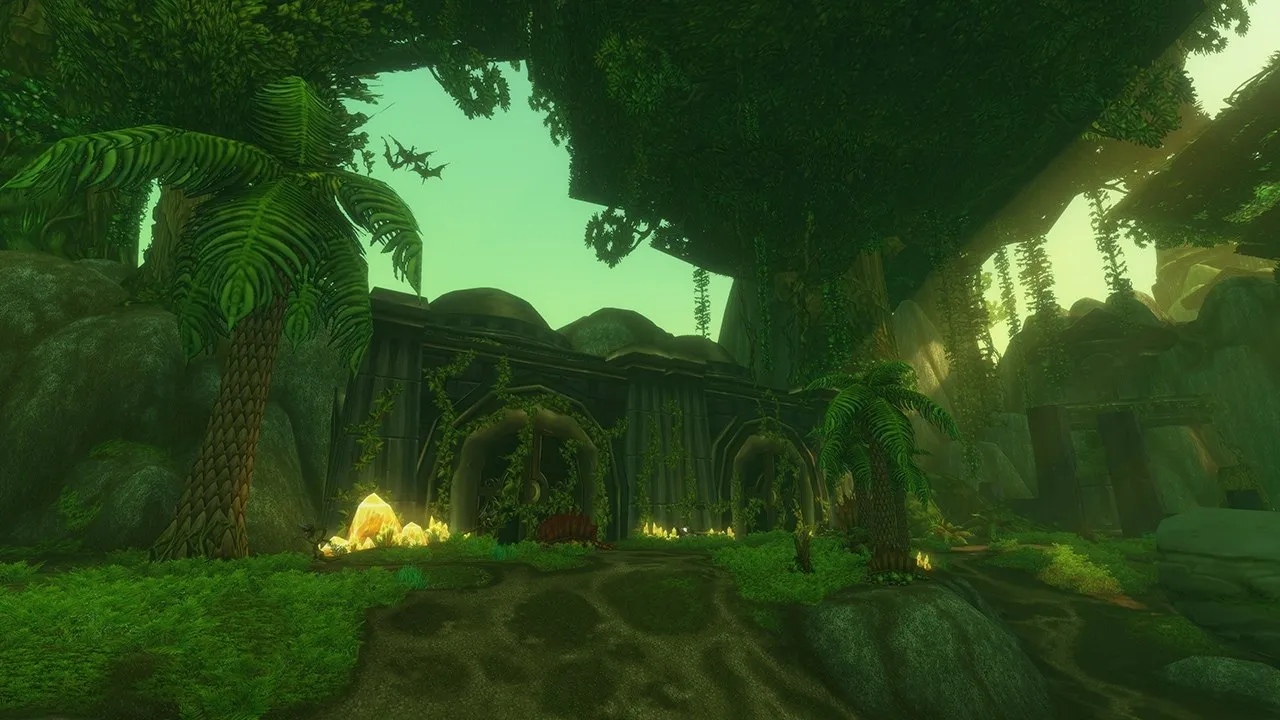 A green jungle with a titan building between the trees and glowing crystals on the ground, an image from Blizzard of World of Warcraft: Forever