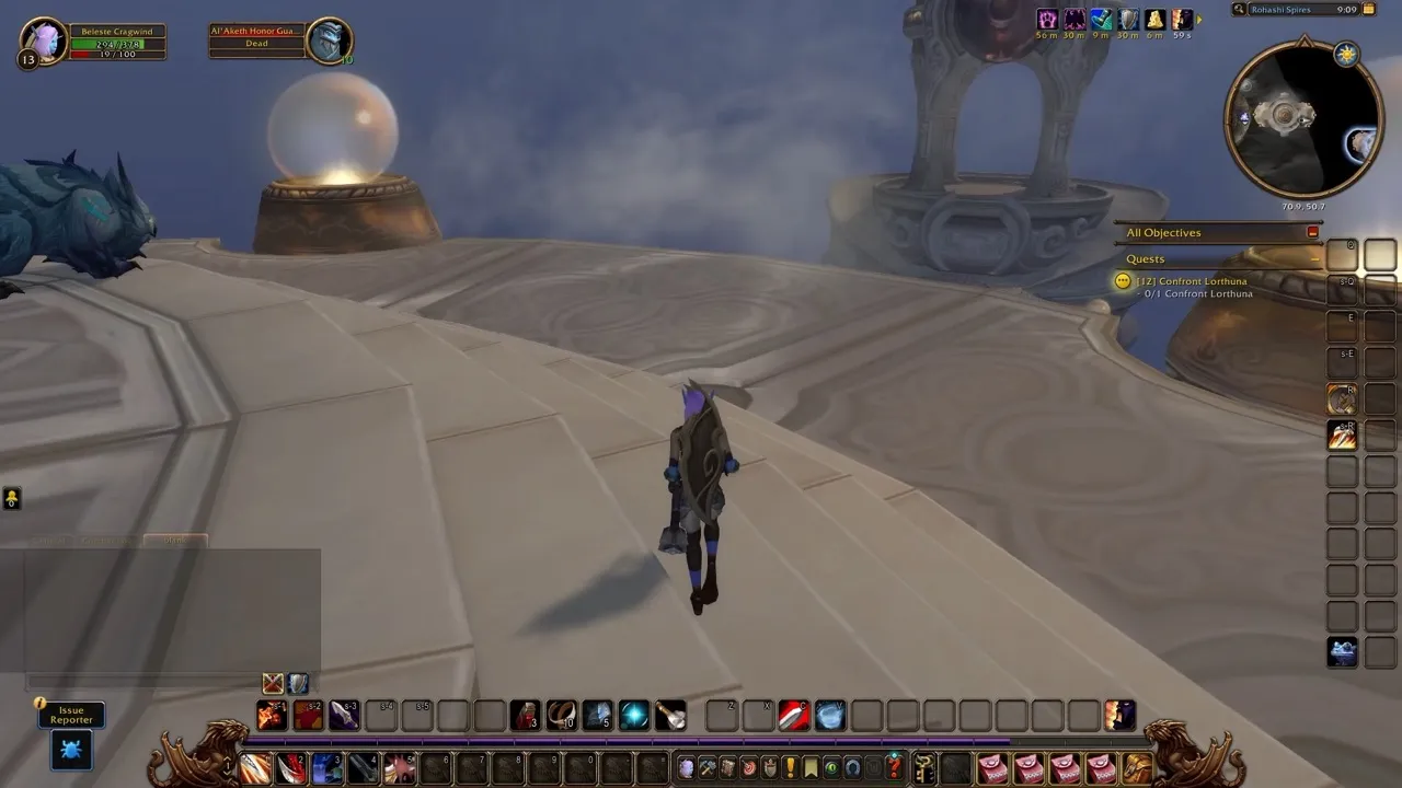 The platform behind the Peacekeeper, where the stream of wind appears, a screenshot from the World of Warcraft: Forever beta
