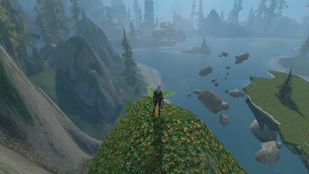 A Skyborne on a grassy cliff above a lake with floating rocks, a screenshot from the World of Warcraft: Forever beta