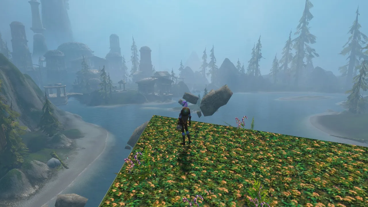 A grassy ledge looking out over the lake toward Falaath Village, a screenshot from the World of Warcraft: Forever beta