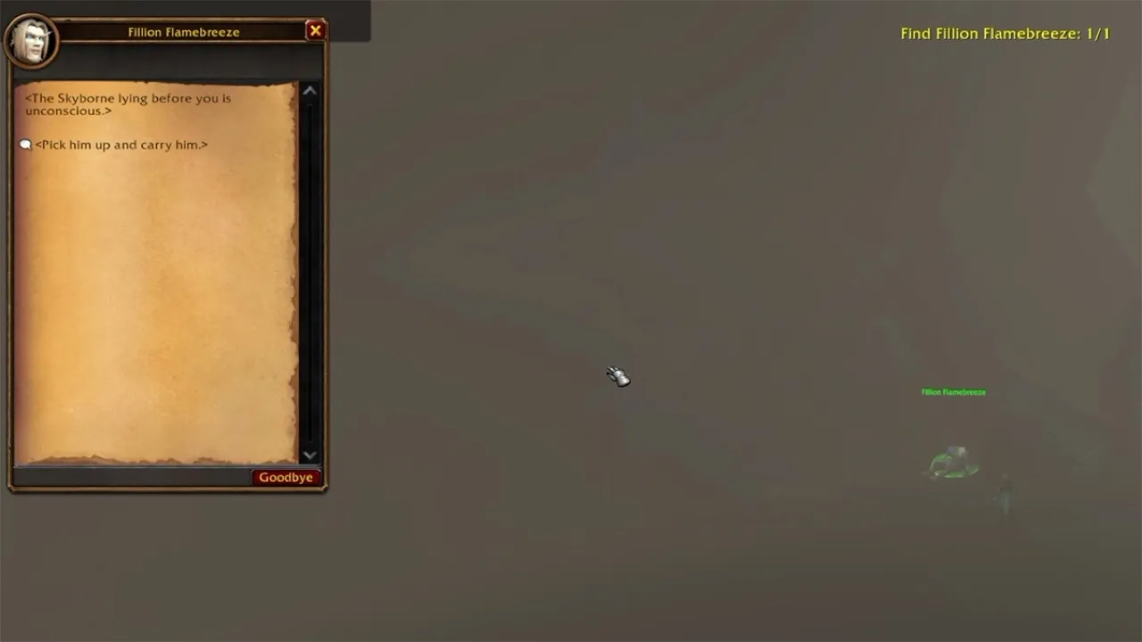 Fillion Flamebreeze unconscious in the Shriekling Den, a screenshot from the World of Warcraft: Forever beta