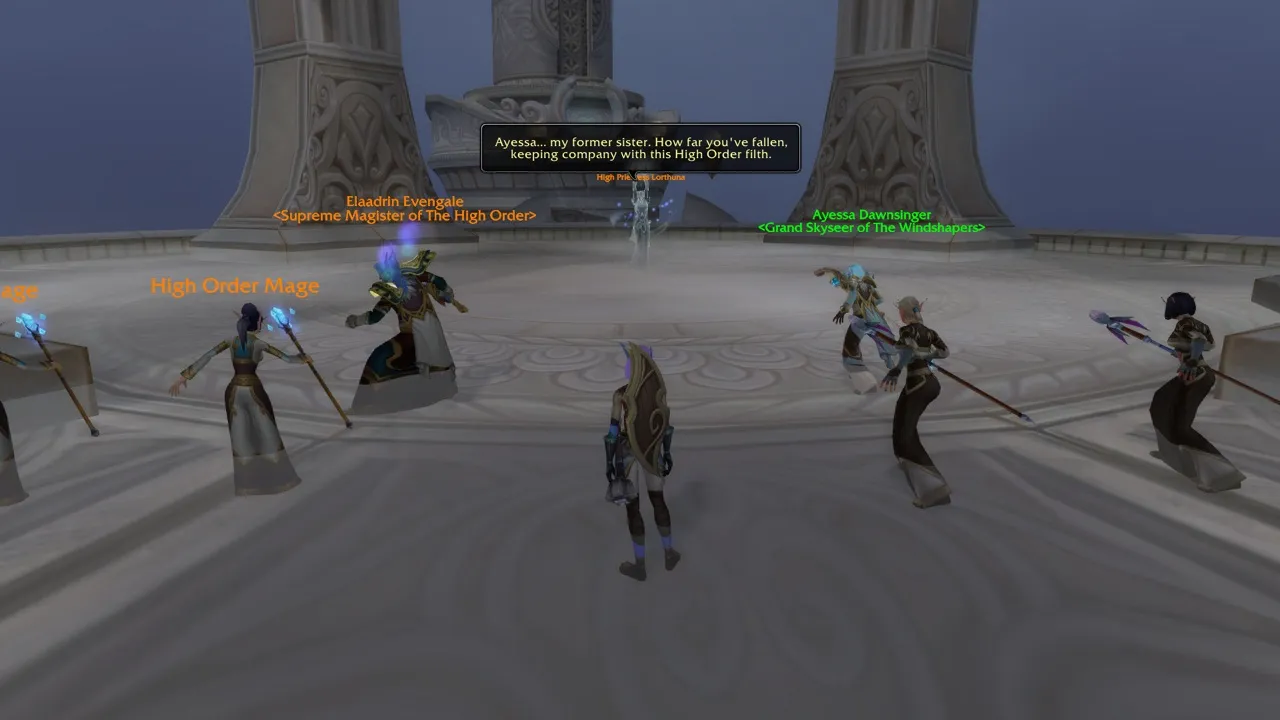 Elaadrin Evengale and Ayessa Dawnsinger confront Lorthuna, a screenshot from the World of Warcraft: Forever beta
