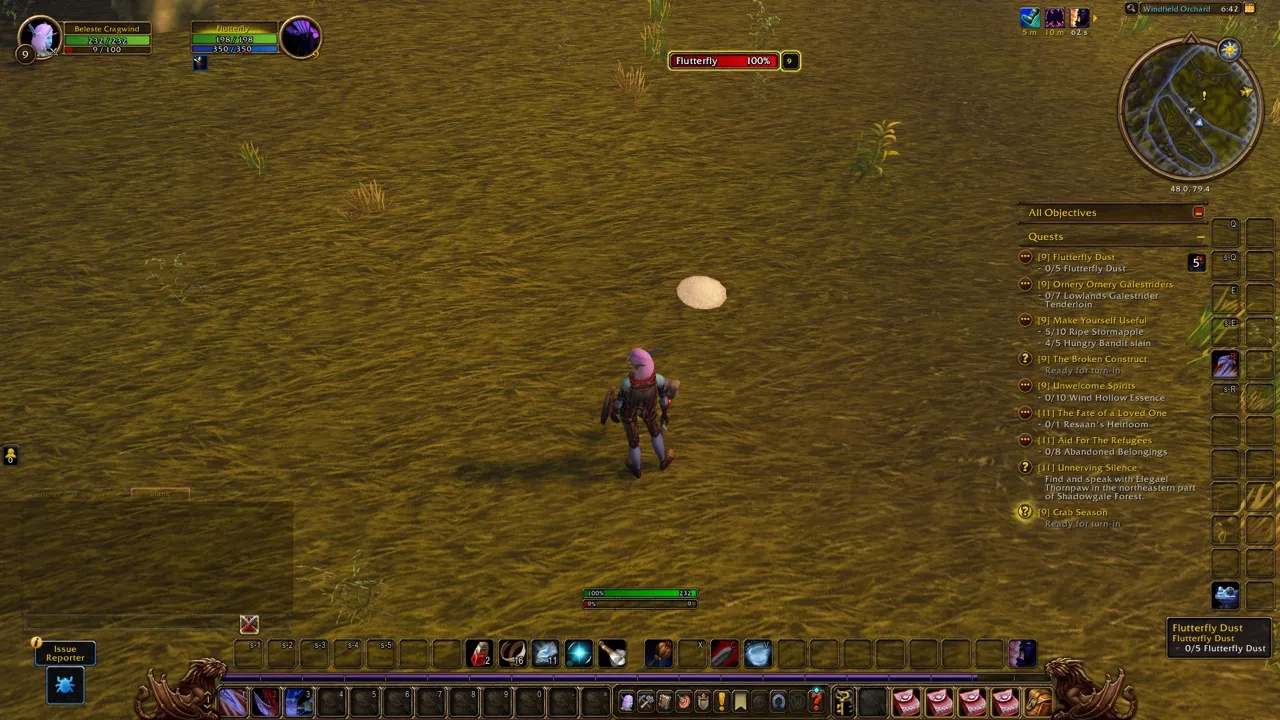 Flutterfly Dust after the Flutterfly Swatter, a screenshot from the World of Warcraft: Forever beta