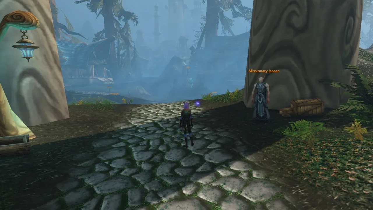 Missionary Jasaan at the arch to Falaath Village, a screenshot from the World of Warcraft: Forever beta