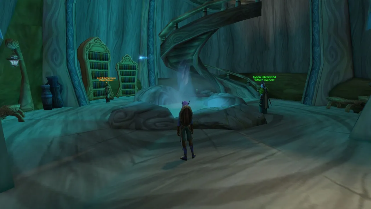 A fountain of swirling wind inside a tree house in Thendal Village, a screenshot from the World of Warcraft: Forever beta