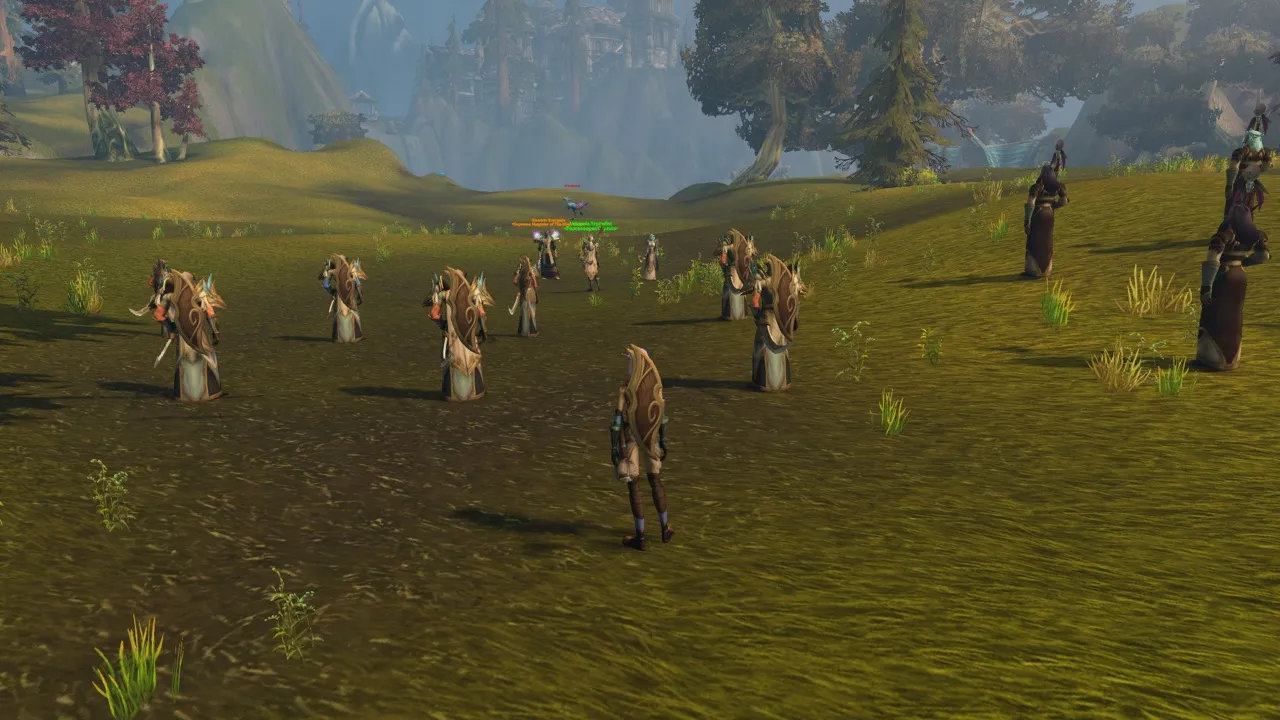Valennia Stormfist with both armies on the road, a screenshot from the World of Warcraft: Forever beta