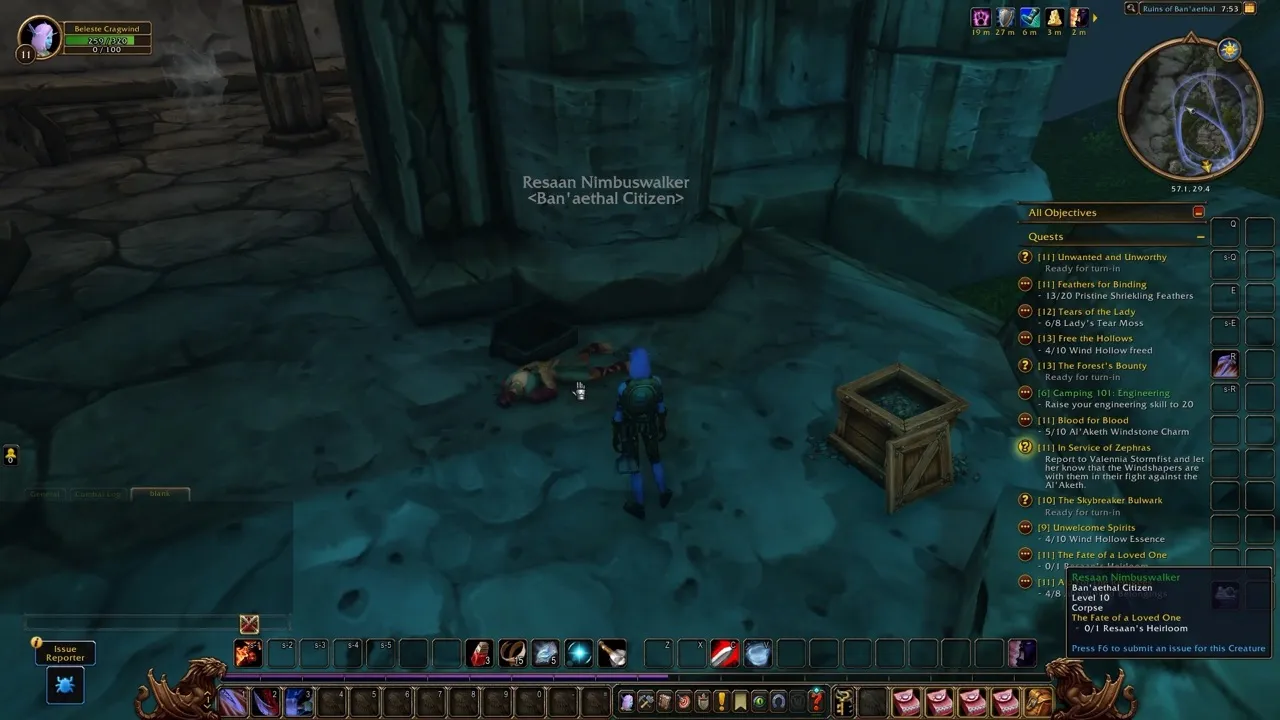 The body of Resaan Nimbuswalker, a screenshot from the World of Warcraft: Forever beta