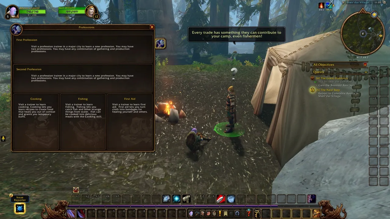 The camp of Raan Wildwind with the professions window, a screenshot from the World of Warcraft: Forever beta