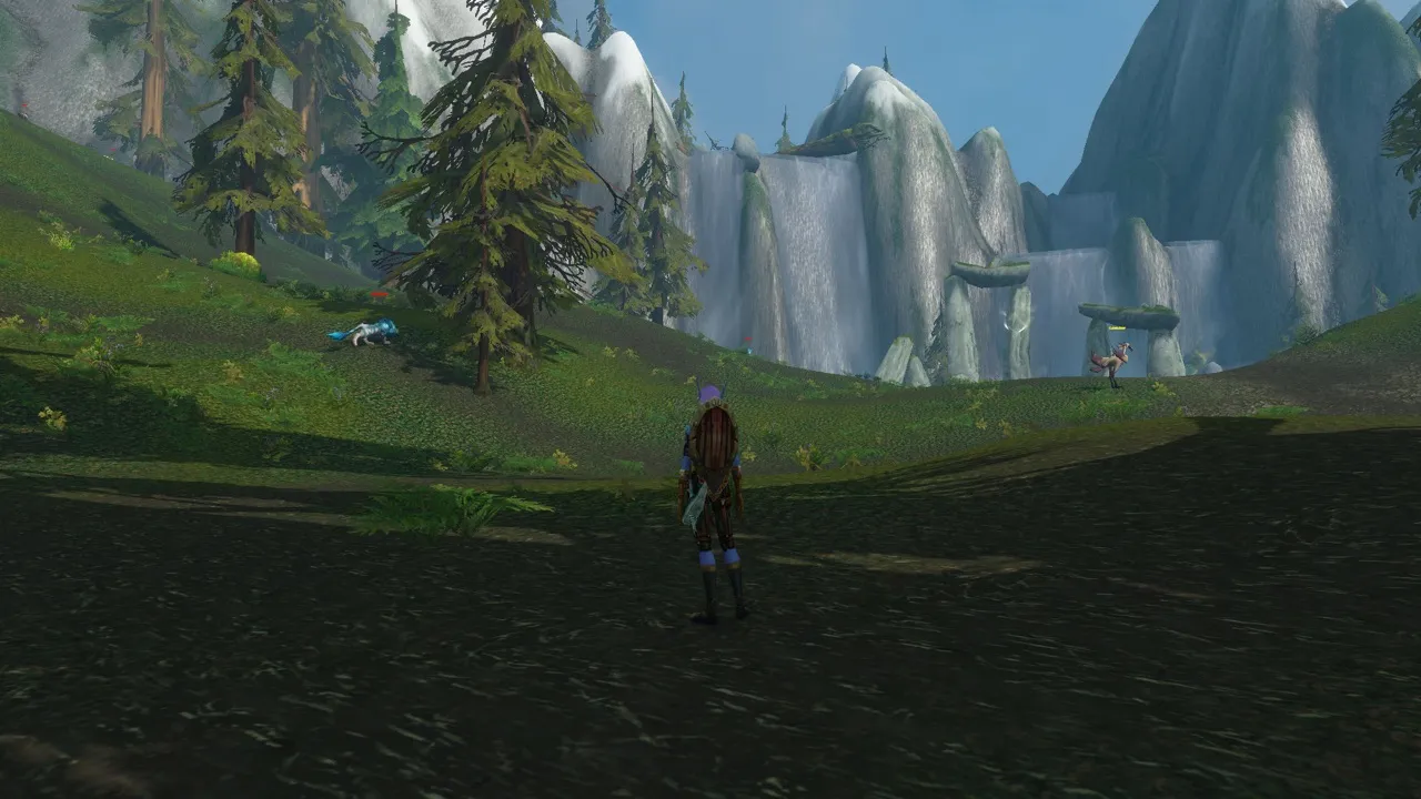 Prideclaws and Galestriders in the Shen’dar Highlands, a screenshot from the World of Warcraft: Forever beta